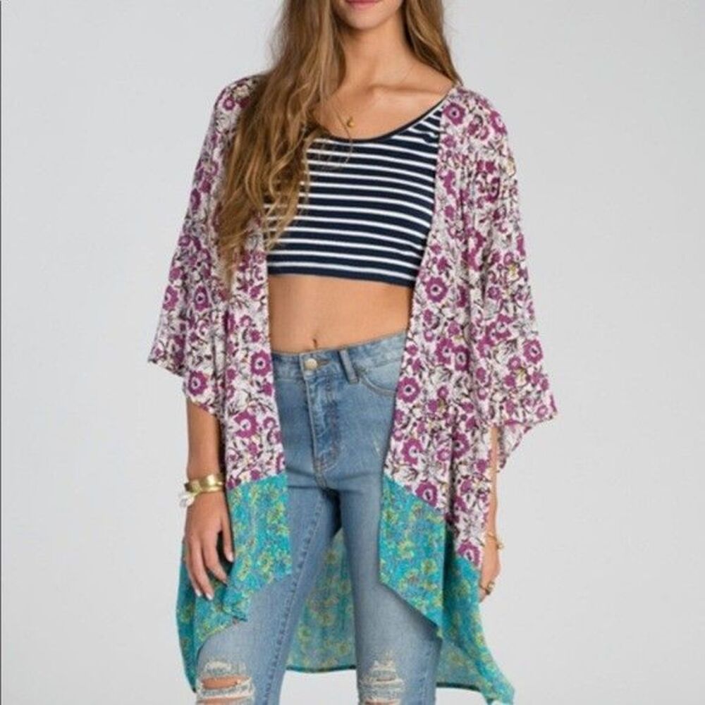BILLABONG Dazed Dreamer Printed Kimono Open Coverup Floral Teal Sz M L NEW